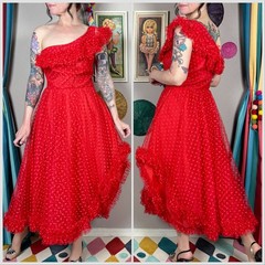 Vintage 1970s Red Polka Dot Ruffled One Shoulder Tulle Dress | 26″-27″ Waist