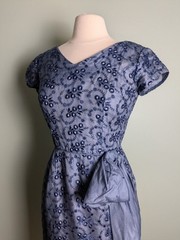 As Is Navy Blue Eyelit Flower Wiggle Dress Side Bow 1960s