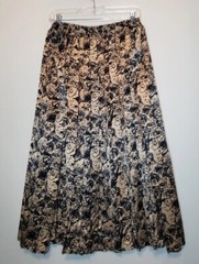 Vtg Ms Russ Womens 26W Blouse Midi Skirt Set Floral Gold Black Pull On USA