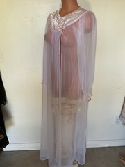Vintage Sheer White Nylon Long Sleeve Pink Satin Top Val Mode Robe Sz.M