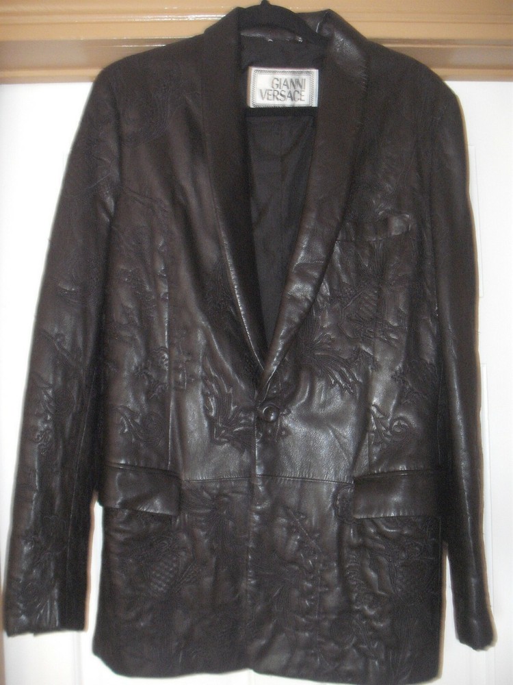 VERSACE Blazer Jacket, Leather, Embroidered, Vintage, US Size 12/Medium