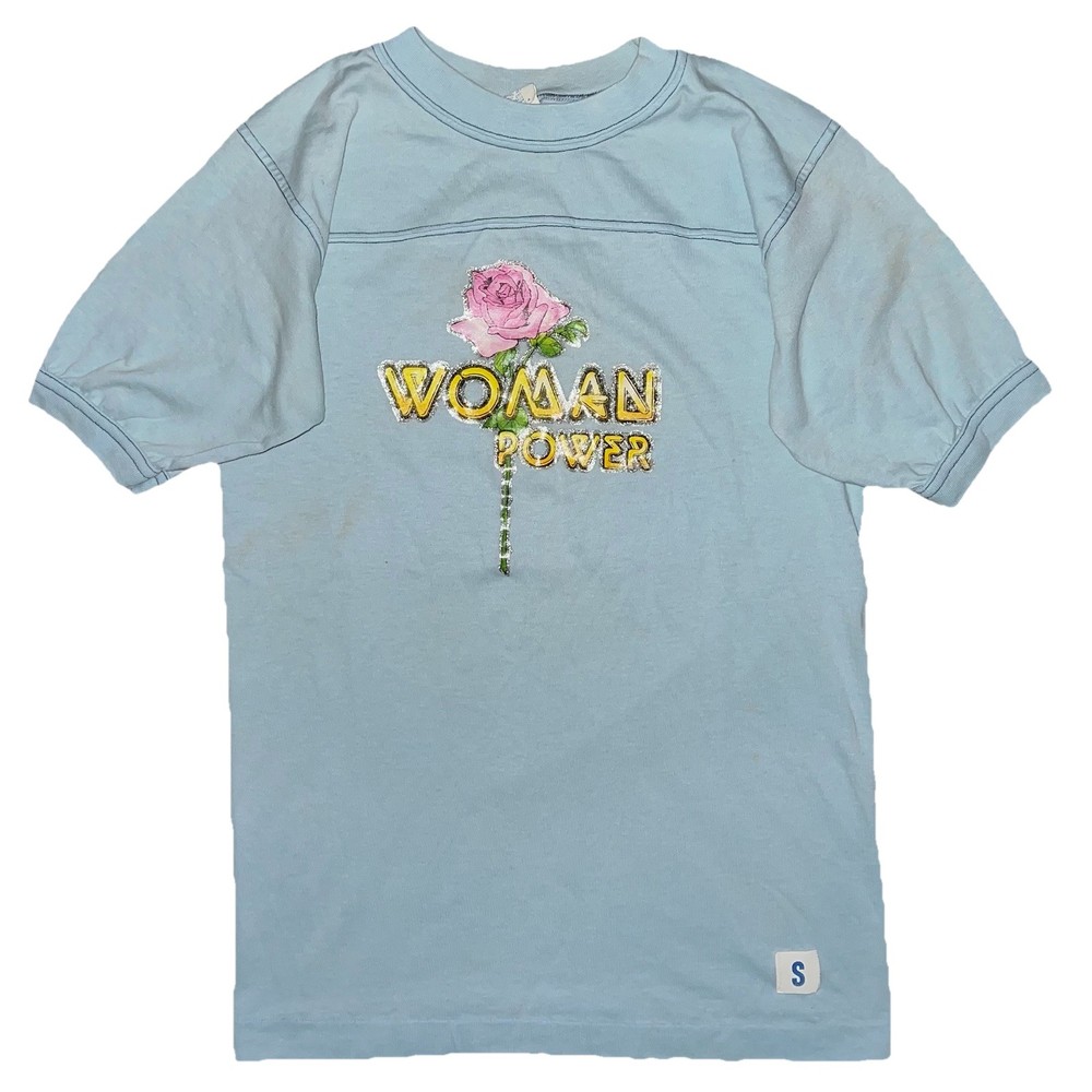 Vtg 70s Unbranded Woman Power Roses Glitter Iron On Print Jersey T Shirt Small
