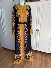Vintage Bell Sleeve Maxi Dress Size 16 Black Gold Baroque Long Sleeve High Neck