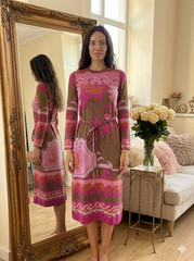 Leonard Paris Vintage 100% Wool Dress 70s 80s Print Belt FR42 US10