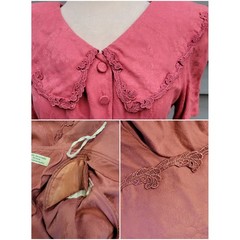 Vintage 90s Karin Stevens Dress Rose Pink Floral Damask Lace Collar Size 6