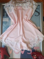 Vintage 1960’s pink nylon & lace lingerie romper – Med/Leg Bust: 38-40