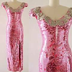 Vtg 80s Pink Rhinestone Sequin Beaded Floral Long Maxi Cocktail Dress Sz XS