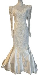 Vintage 70s Embellished Mermaid Wedding Gown Sz 8 Illusion Neck 11” Train White
