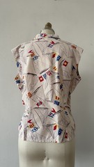 1940s 50s Sailboat Novelty Print Sailcloth Cotton Sportswear Blouse Fitted M/L