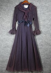 VINTAGE 70s Richilene Dress Small Ruffle Chiffon Maxi Gown Polka Dot Saks Fifth