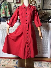 Vintage 1950s Bright Red Rayon Faille Tailored Fit And Flare Dress