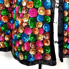 Vtg Beaded Sequin Silk Statement Jacket Medium Black Colorful Dopamine Festival