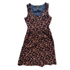 Charter Club Vintage Corduroy Floral Dress Navy Blue Button Front Size 8