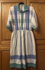 Vintage Lady Carol Dress Green + Blue Striped Trad wife vibes