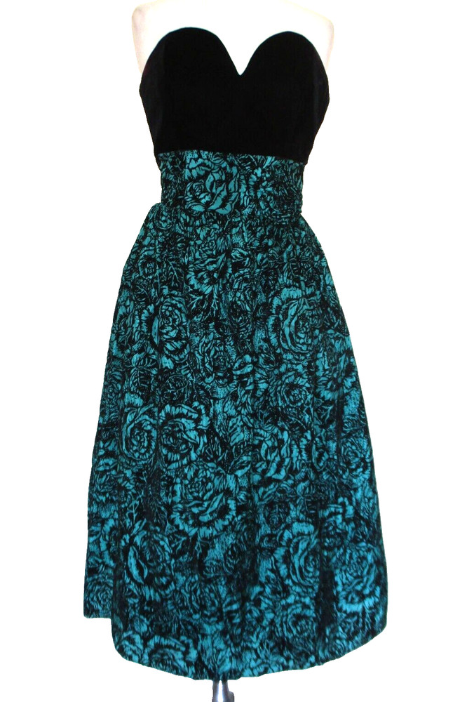 Vintage Margaret’s Lubbock Dress XS/S Women Black Teal Taffeta Velvet Strapless