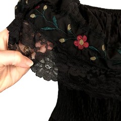Vintage 1970s Mexican Black Peasant Dress Flounce Lace Neckline Floral Embroider