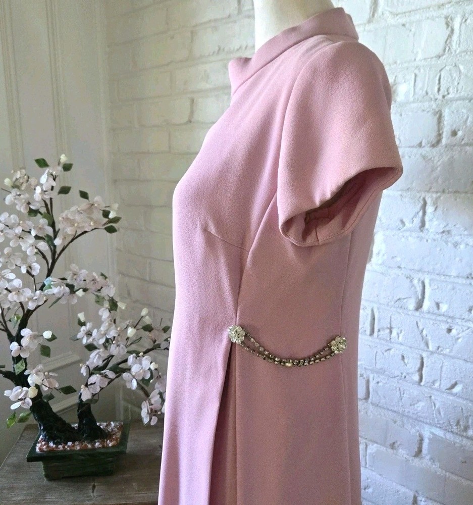 VTG 60s Pink Mini Dress With Rhinestone Detail, S/4, Mock Neck