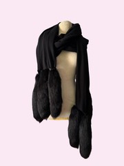 Vintage 1960s Black Wool Crepe Evening Shawl Stole with Genuine Mink Tails
