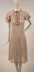 1930’S OFF WHITE HAND KNIT DRESS W BUTTON RUFFLED FRONT + PUFF SLEEVES