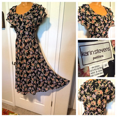 VTG 90’s KARIN STEVENS BLACK FLORAL W/ RUFFLE CAPE BODICE DRESS SZ 10P