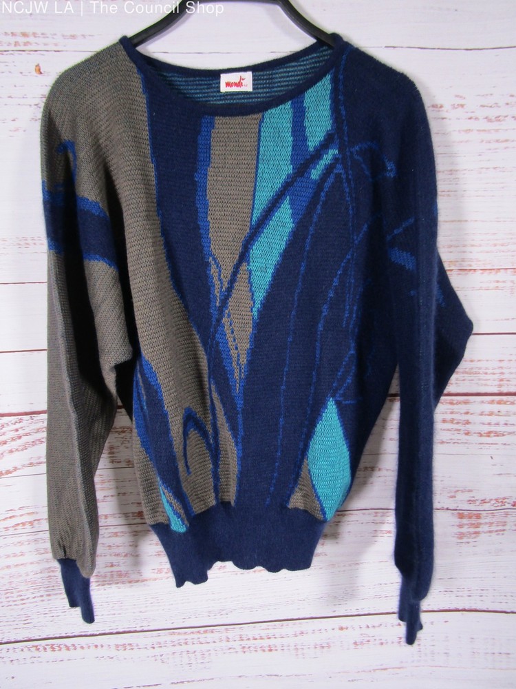 Vintage Mondi Women’s Blue & Gray Wool Blend Knit Pullover Sweater Size 42