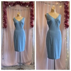 Vintage 90s Y2K Midi Dress Blue White Sleeveless Preppy Clean Sporty Stretch M