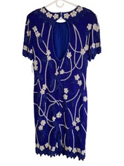 Patra Vintage 90s Royal Blue Silk Bead Dress Floral Vine Size 12 NOS Hand Made