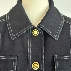 Vintage Navy Blazer Reverse Stitch Gold Tone Buttons Silky Mint Green Lining EUC
