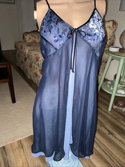VTG Halston Blue CHIFFON LAYERED & VELVETY BUST, FLY-AWAY Nightie Lingerie LARGE