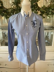 Ralph Lauren Slim Fit Button Down Shirt Blue Tennis Logo Women 2 Old Money XS