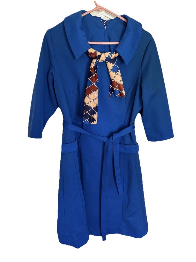Vintage 1970s Toni Todd Women’s Dress Blue Collar Geometric Scarf Retro Size 8