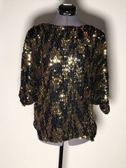 Vintage 1980s Rob Hill for Mister Jay Black Gold Sequin Batwing Blouse Top M