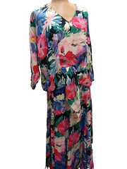 Vintage 1980’s Pink Blue Black White Green Rayon Skirt & Top Carole Little 12