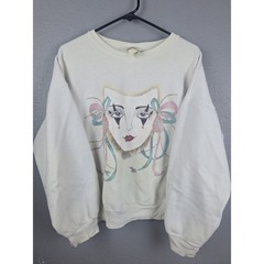 VTG Hanes Sweatshirt Womens L White Mardi Gras Mask Graphic Glitter Pastel 90s
