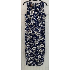 Vtg Hilo Hattie Navy Blue White Hibiscus Floral Cotton Maxi Dress Made in USA