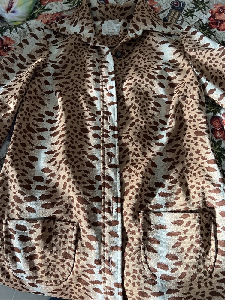 Vintage 1960s Animal Print Knit Top Boutique Brown Cheetah Button Up Sz 14 Sears