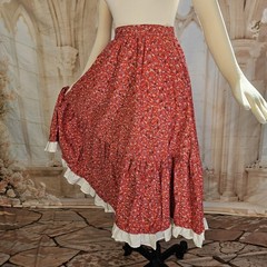 Vintage 1970s Skirt Red Calico Floral Ruffled White Eyelet Lace Western American