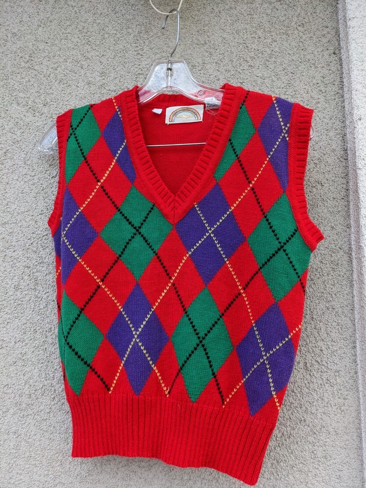 Eclipse VTG 80s Preppy Diamond Argyle Print Golf Sweater Vest red green purple M