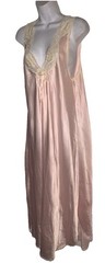 Vintage Baby Pink Satin And Ivory Lace maxi Nightgown With Rosebud Appliqué Sz M