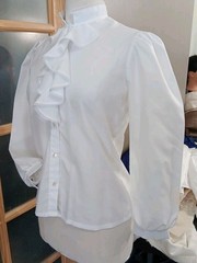 Vtg Blouse High Neck Ruffle Front White Sz M Poet Lace Trim Union Label Jabot