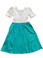 Vintage Lanz Originals Ivory Green Floral Dress Made In USA Women’s Size 12
