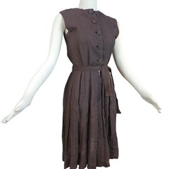 Vintage 1950s Brown Patterned Sleeveles Dress Button Front Gingham Dark Academia