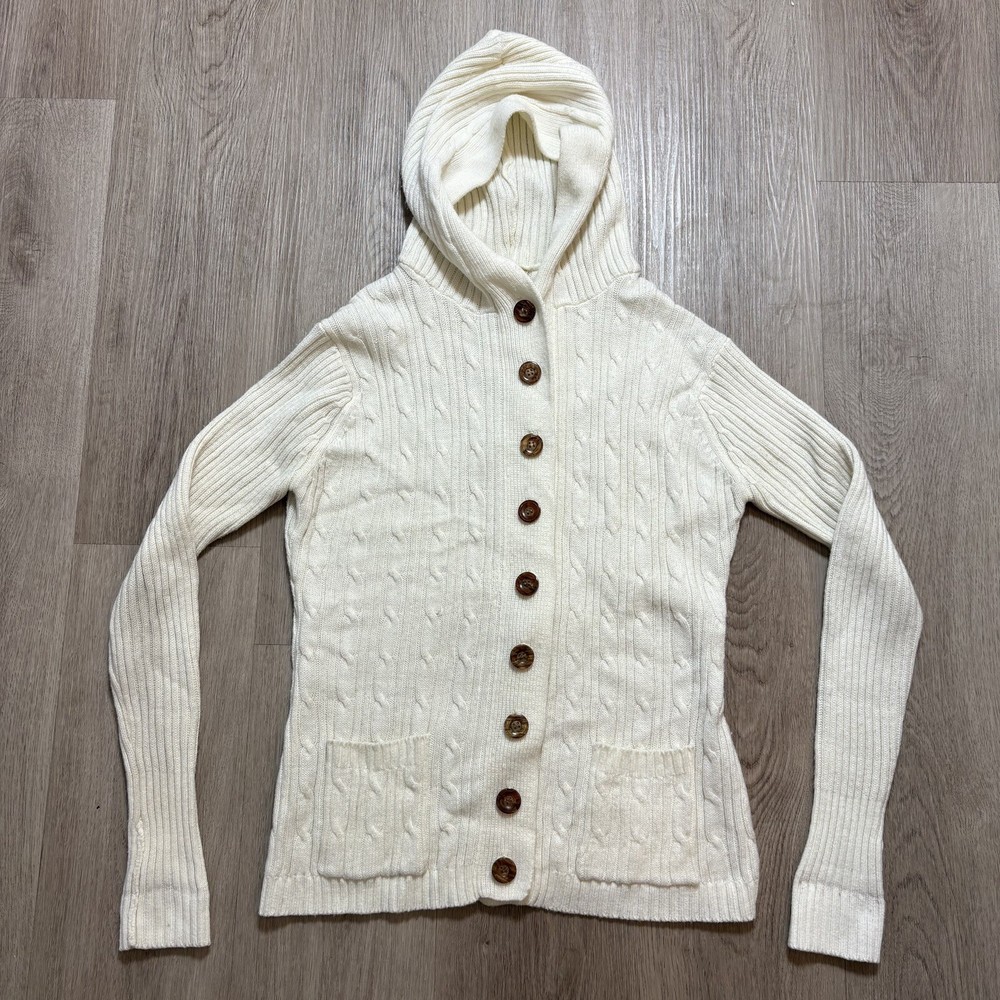 Vintage Montgomery Ward Cable Knit Hooded Cardigan Sweater Ivory w/ Wood Buttons