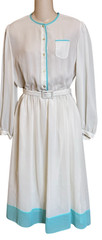 70s Vintage Sheer Long Sleeve White Blue Secretary Dress size M