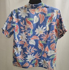 Womens Vintage Koret Blue Tropical Birds Hawaiian Print Shirt Size 10P Made USA
