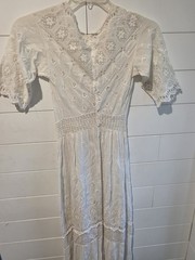 Antique Edwardian White Cotton Lawn Gown Embroidered Eyelet Lace Tea Dress XS