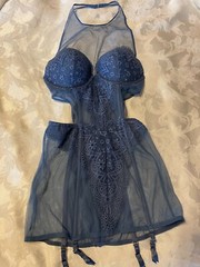 VICTORIA’S SECRET Lace Sheer Mesh Garters Back Zipper Halter 34C Blue Teddy