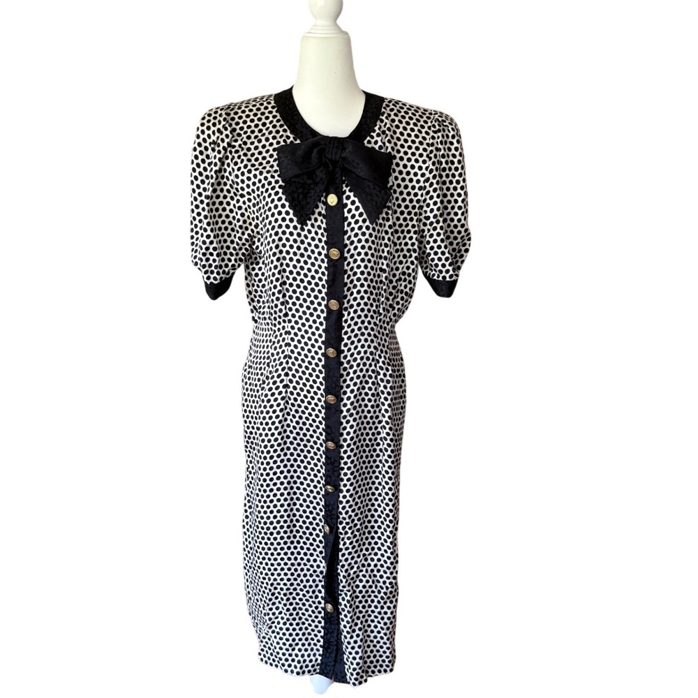 Vintage Adrianna Papell Silk Polka Dot Bow Collar Midi Dress 80s 90s