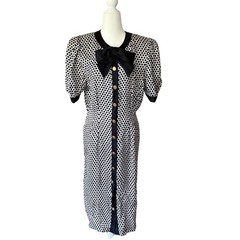 Vintage Adrianna Papell Silk Polka Dot Bow Collar Midi Dress 80s 90s