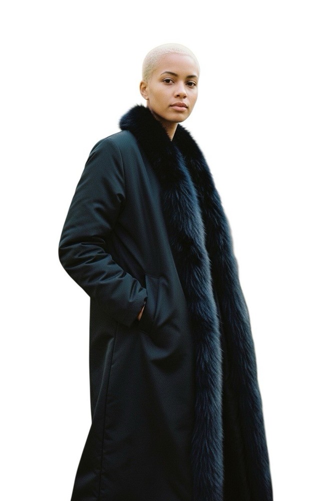 Navy Trench, Fox Fur Tuxedo Collar, Removable Sheered Fur Liner, Satin Lining
